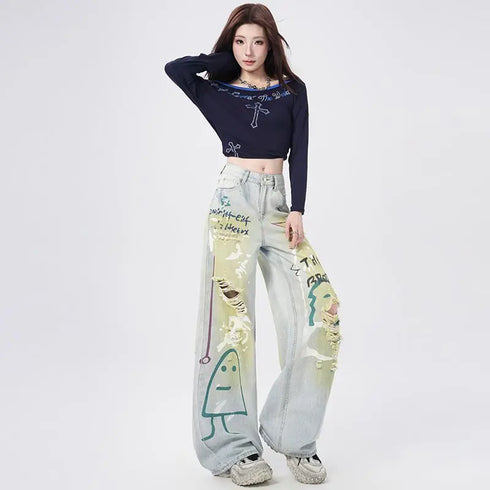 Trendy Y2K Vintage Wide Leg Jeans with Artistic Print