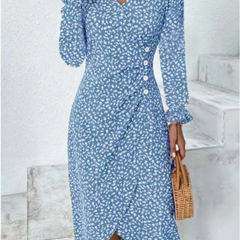 Women's Summer Floral Print Bubble Sleeve V-neck Dress