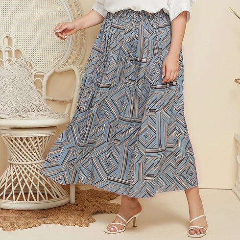 Plus Size Geometric Print Pleated Skirt - Ankle Length