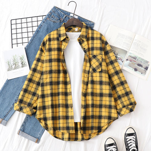 Elegant Women's Plaid Shirt 2025 New Ladies Large Size Casual Loose Lapel Long Sleeve Blouse&Tops Female Lapel Checked Clothing