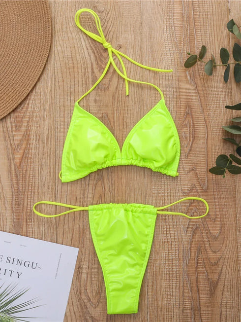 Shiny Black PU Mini Bikini Set for Women