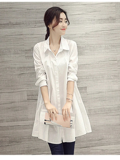 White Casual Oversized Blouses Women 2024 Autumn Korean Fashion Mid Length Winter Loose Long Sleeves Femal Blouses