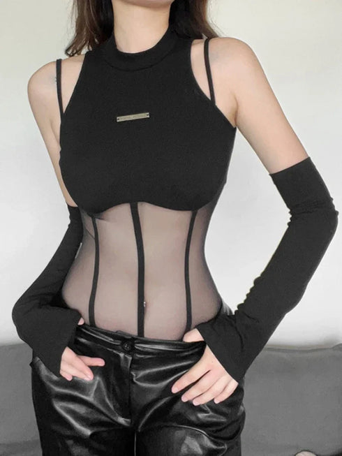 Black Mesh Patchwork Bodysuit for Women