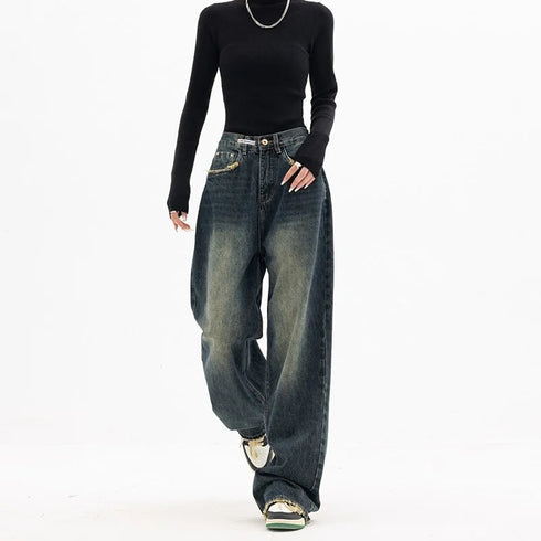 High Waist Wide Leg Jeans in Navy Blue