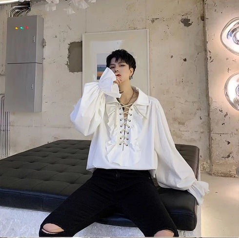 Victorian Gothic Ruffled Lace Up Blouse