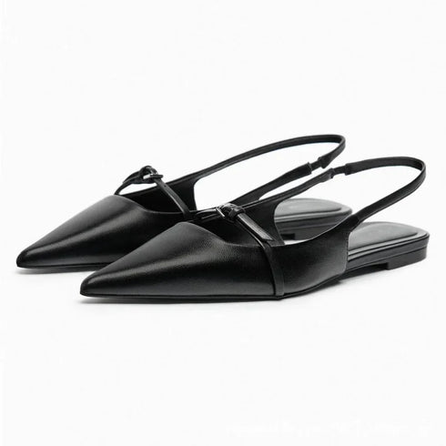 Slingback Flat Bottom Black Leather Women’s Sandals