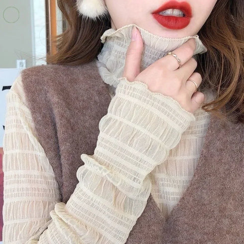 Lace Detail Turtleneck Long Sleeve Blouse