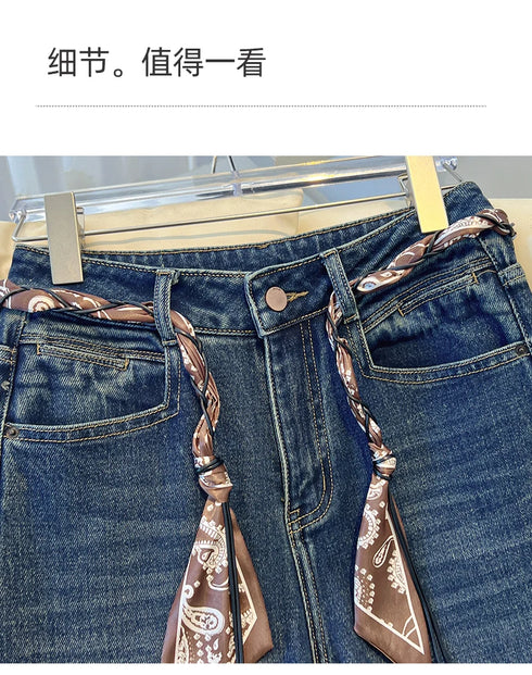 Wide Leg Denim Jeans with Scarf Belt