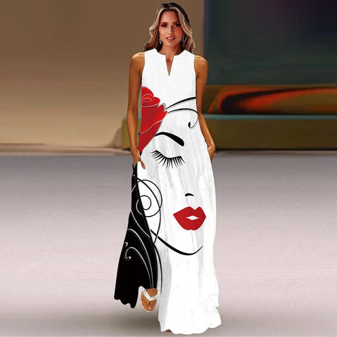 Elegant V-Neck Sleeveless Floral Long Dress