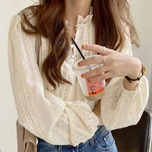 Elegant Apricot Long Sleeved Blouse with Lace Detail