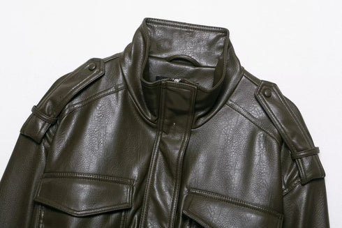 Chic Faux Leather Jacket for Women - Casual Long Sleeve