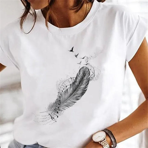 Feather Print Aesthetic T-Shirt for Women - Short Sleeve Graphic Tee, Trendy Streetwear Top, Perfect for Spring/Summer Fashion