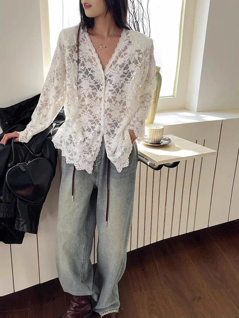 Vintage Summer Lace Blouses Women See Through Sheer Long Sleeve Sun Shirts Korean Style Casual Sun Protection Sexy Ladies Tops