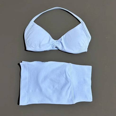 HISTELLO Women's Seamless Yoga Set with Strappy Bra and Shorts