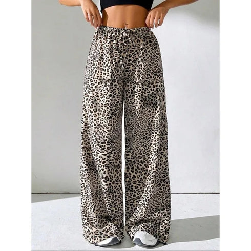 Plus Size Leopard Print Wide Leg Trousers