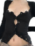 New Women´s Crop Tops, Long Sleeve Solid Color Jagged V Neck Lace Hem Button Down Slim Fit Shirt