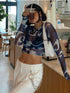 Sheer Print Mesh Crop Top with Long Sleeves