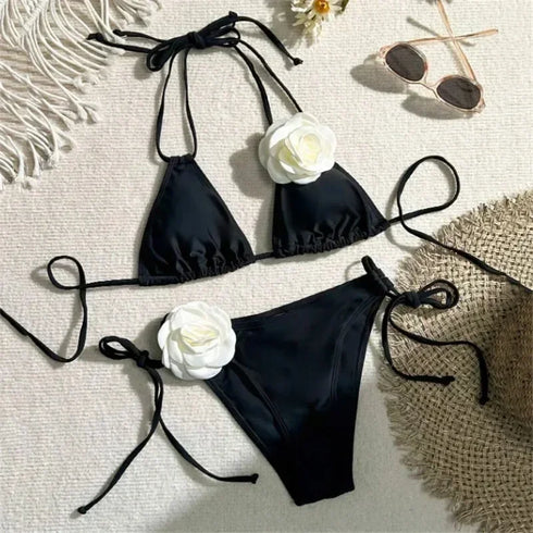 Floral Bandeau Thong Bikini Set for Women