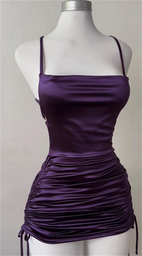 Women’s Sleeveless Backless Satin Bodycon Mini Dress for Summer Party Clubwear with Lace-Up Design and Hollow Out Details