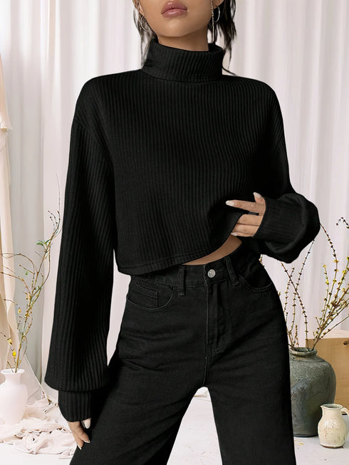 Stylish Black Turtleneck Long-Sleeved Top