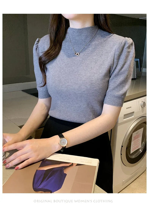 Women's Puff Sleeve Knitted Blouse with Half Turtleneck