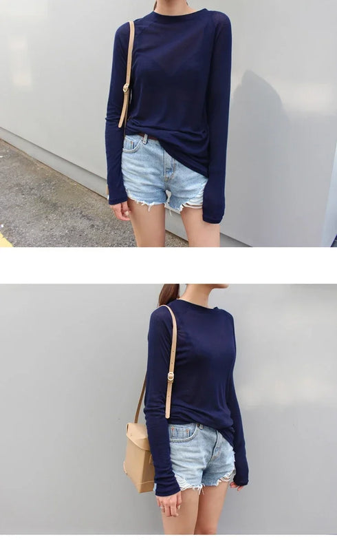 Casual Long Sleeve T-Shirt in Blue and Navy