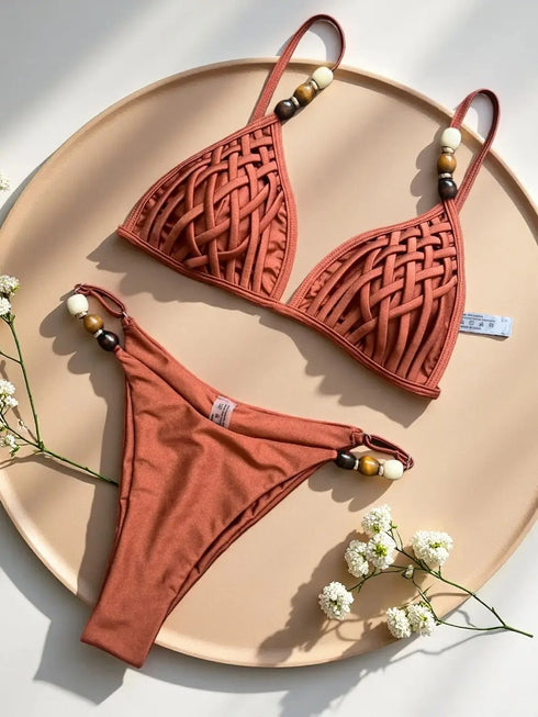 Brown Push Up Bikini Set with Pearl Detail