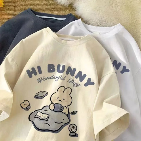 Cute Rabbit Printed Short-Sleeved T-Shirt for Summer