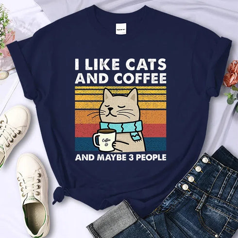 Cute Cat & Coffee Graphic Tee for Women