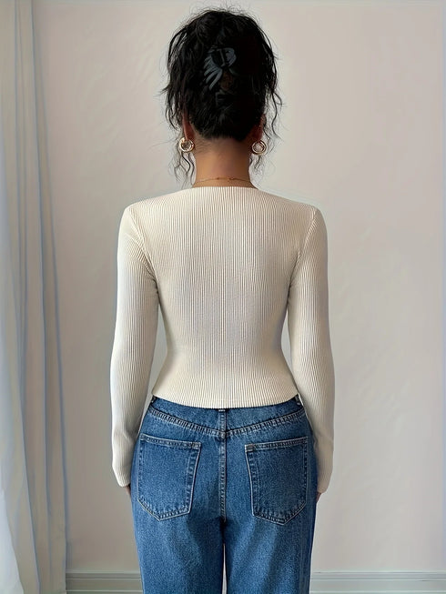 Elegant Asymmetrical Long Sleeve Pleated T-Shirt in Beige