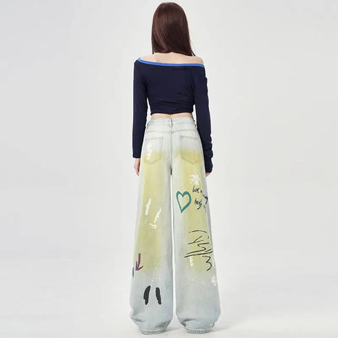 Trendy Y2K Vintage Wide Leg Jeans with Artistic Print