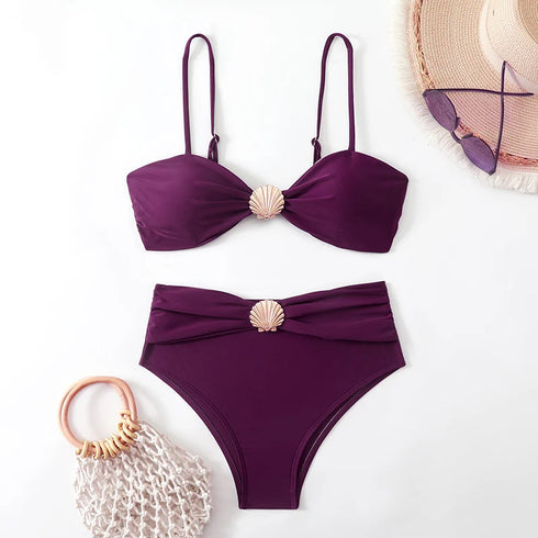 High Waist Bandeau Bikini Set in Purple
