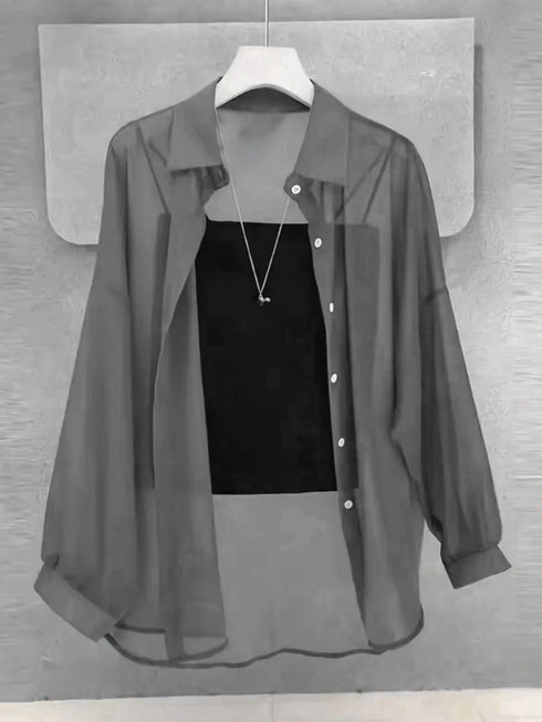 New Women's Shirt | Lightweight Breathable, Solid Color, Straight Button Placket, Lapel, Long-Sleeve, Outerwear & Sun-Protective