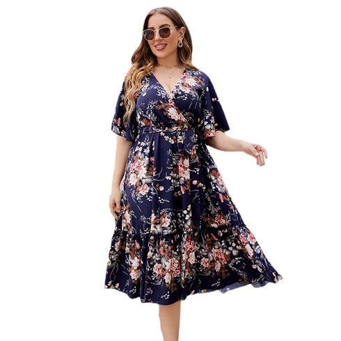 Plus Size V-Neck Navy Blue Floral Dress for Women