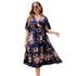 Plus Size V-Neck Navy Blue Floral Dress for Women