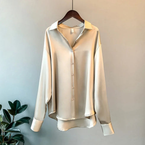 Spring Fashion Button Up Silk Shirt Vintage Blouse Women Satin Tops Office Lady Elegant Long Sleeves Female Loose Shirts 11355