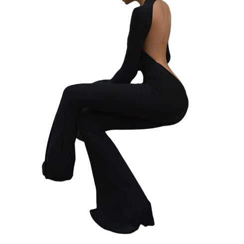 Women’s Black Flare Leg Jumpsuit with Long Sleeves