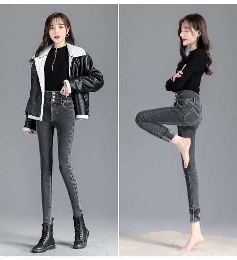 High-Waisted Fleece-Lined Slim Jeans for Women