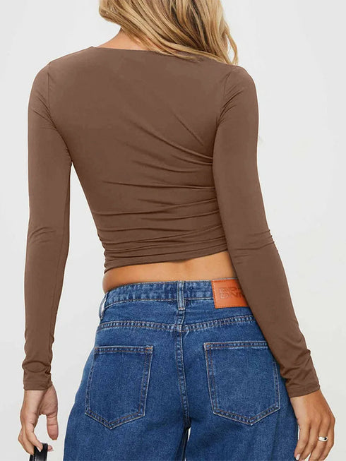 Women's Slim Fit Crop Tops Fashion Long Sleeve Square Neck Solid Color Pullover Basic T-Shirt Dressy Blouses 2024 New Streetwear