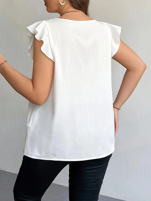 Plus Size Women's White Satin Blouse with Ruffle Sleeves