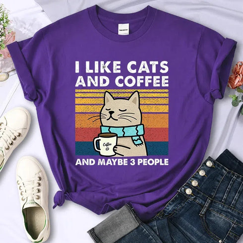Cute Cat & Coffee Graphic Tee for Women