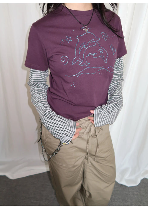 Tonngirl Y2K Vintage Long Sleeve Patchwork T-shirt