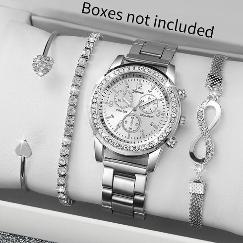 Silver Colour Stainless Steel Quartz Watch & Beads Set