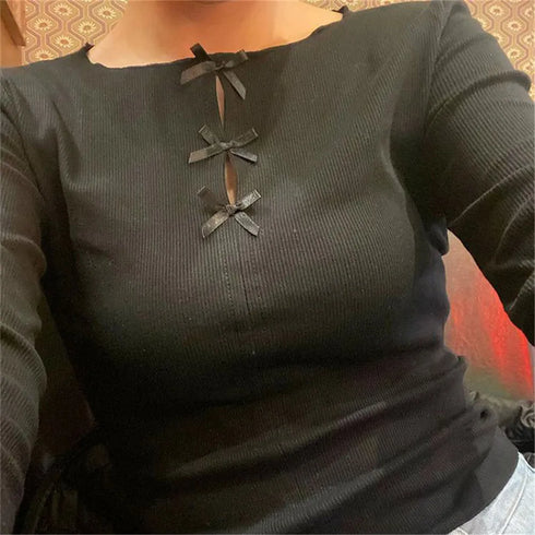 Bow Hollowed Out Long Sleeve T-shirt for Women