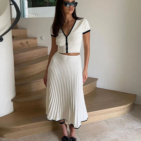 Elegant White Pleated Skirt Set with Short Sleeve Top
