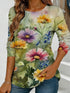 Women's blue floral watercolor print long-sleeved loose-fitting round neck top, casual, everyday, stylish and elegant.