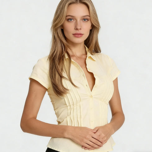 Women's Slim Fit Short Sleeve Button-Up Shirt in Yellow