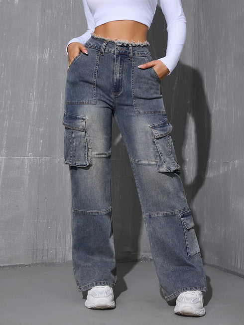 Women's High Waist Cargo Denim Pants with Pockets