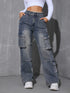Women's High Waist Cargo Denim Pants with Pockets
