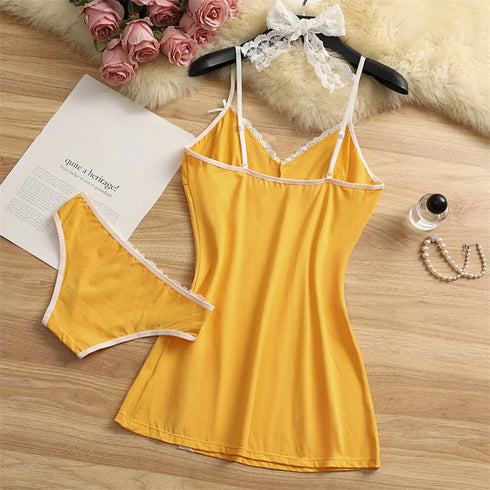 Cotton Lace Suspender Nightdress Set for Women